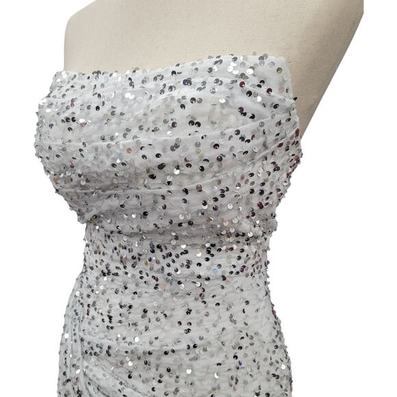 NWT White Silver Strapless Sequin Evening Gown with Corset Back on Velvet Fabric - Picture 2 of 14